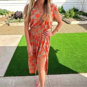 Brand New Ramy Brook Orange & Tan Parky Midi Dress - Size Medium
